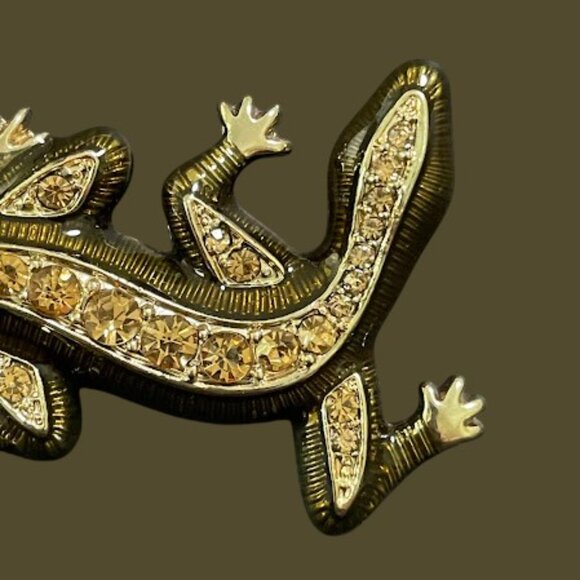 Vintage Gold Tone Enamel Rhinestone Lizard Brooch Gift Retro Cool Fancy Pants - Picture 9 of 11